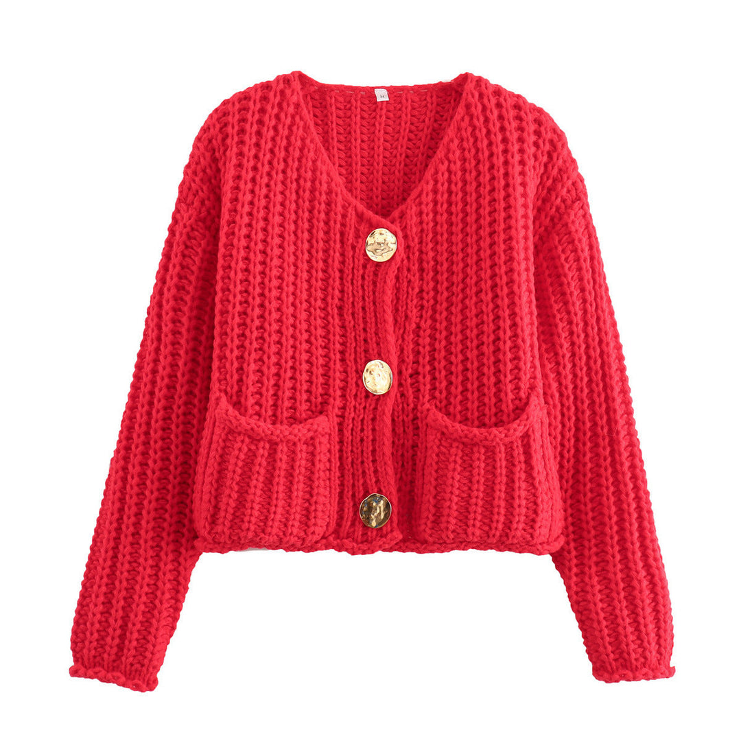 Women's Chunky Ribbed Knit Cardigan V-Neck Patch Pockets Statement Buttons