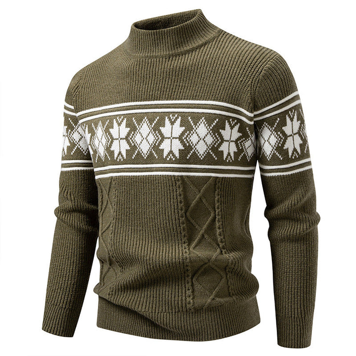 Men's Structured Knit Sweater Mock Neck Norwegian Snowflake Cable Textured