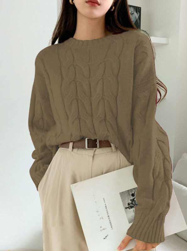 Women's Chunky Cable Knit Sweater Crewneck Drop-Shoulder Loose Relaxed Pullover