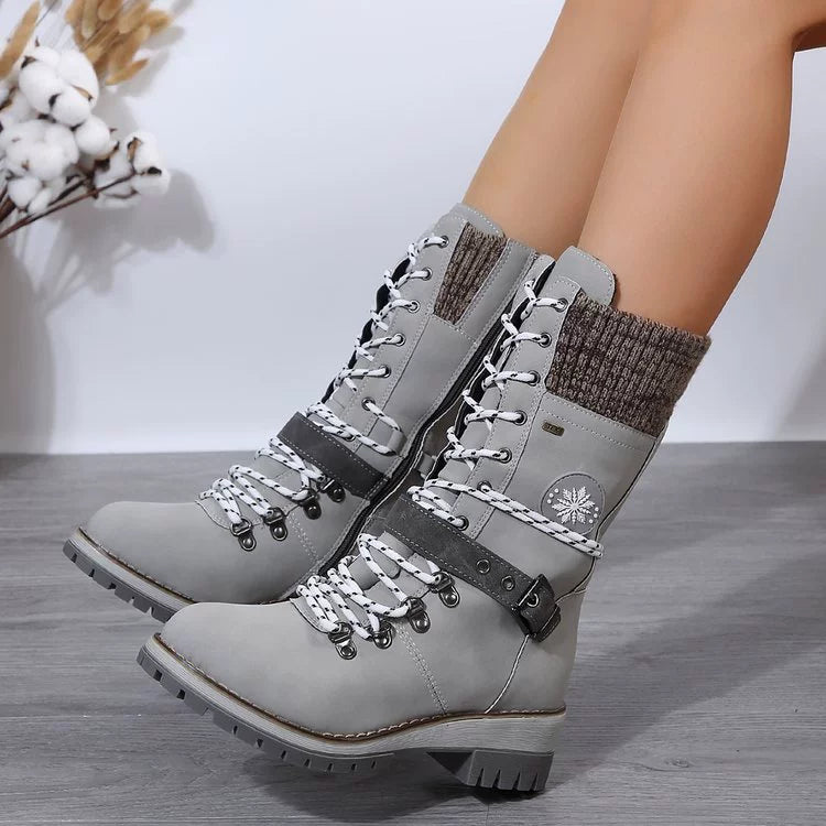 Women's Snow Boots Lace-Up Buckle Knit-Cuff Non-Slip Winter Warm