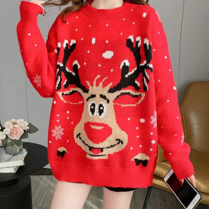 Women's Tacky Christmas Sweater Reindeer Graphic Festive Holiday Red