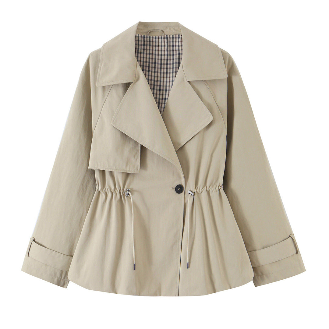 Women's Short Trench Coat Wide Lapel Drawstring Waist Peplum Khaki