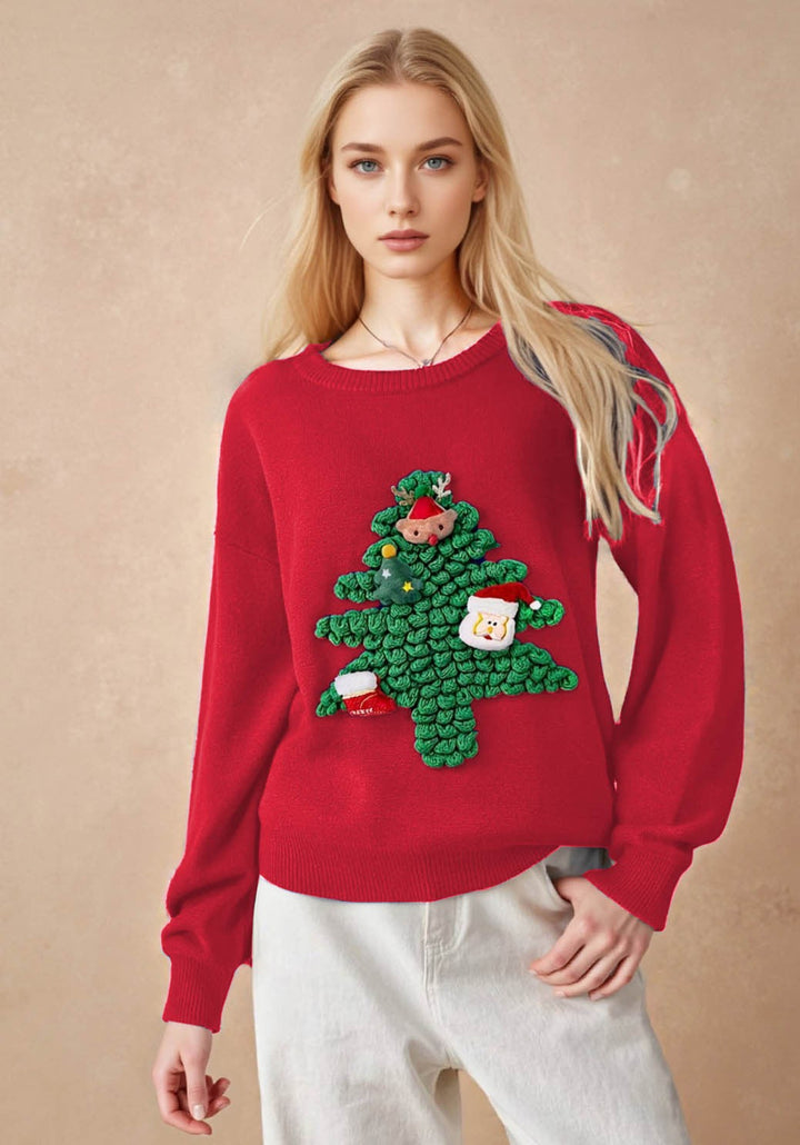 Women's Tacky Christmas Sweater 3D Tree Novelty Festive Crewneck Holiday