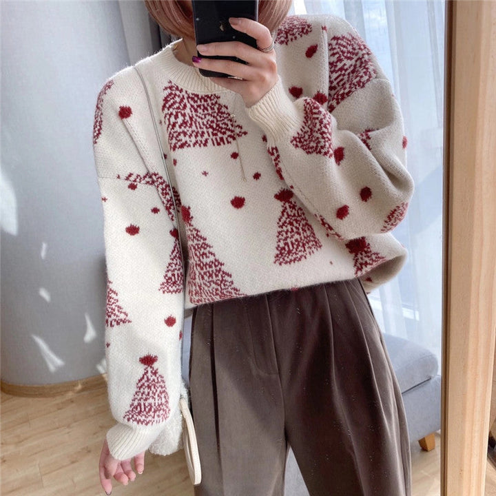 Women's Festive Christmas Sweater Tree Print Crewneck Oversized Holiday