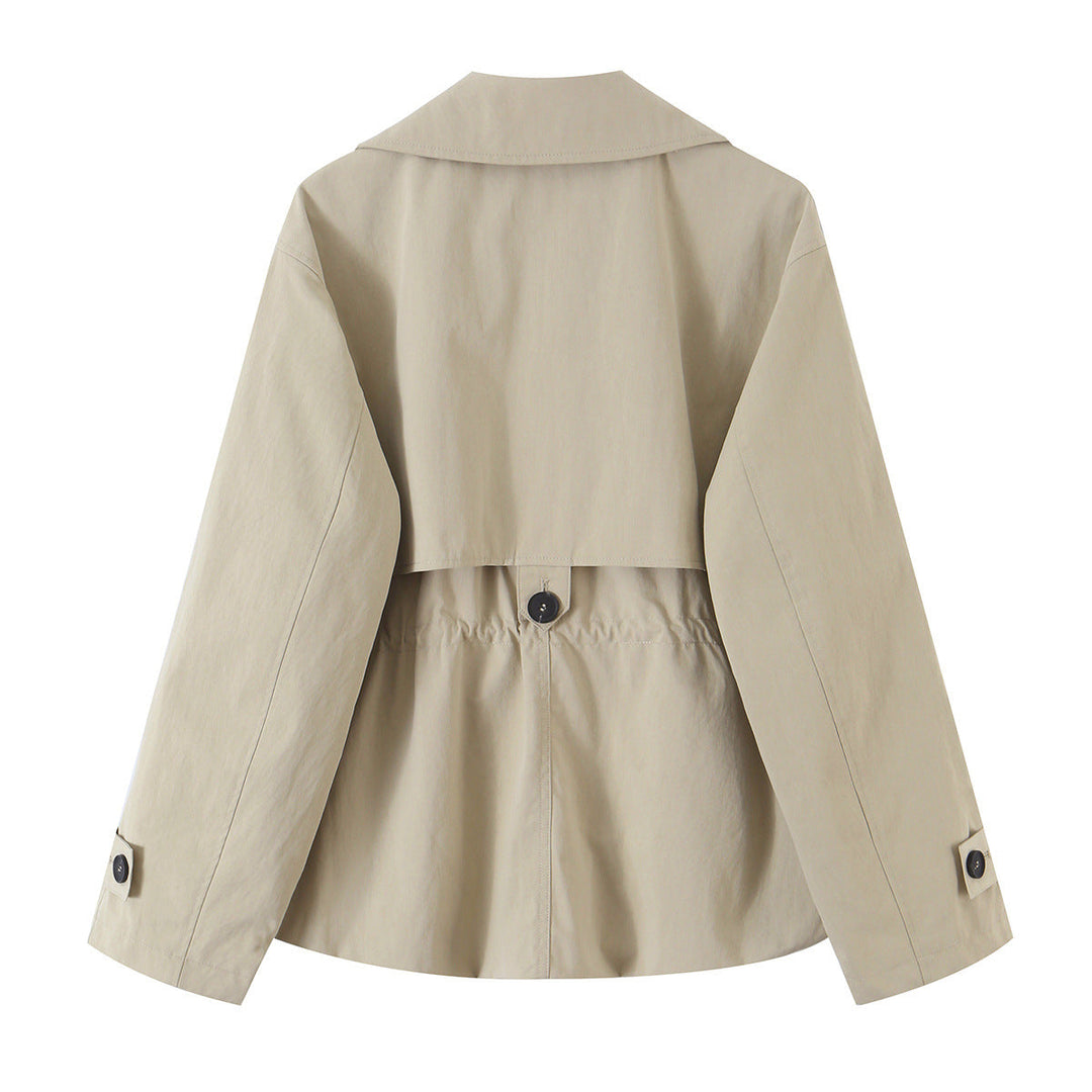 Women's Short Trench Coat Wide Lapel Drawstring Waist Peplum Khaki