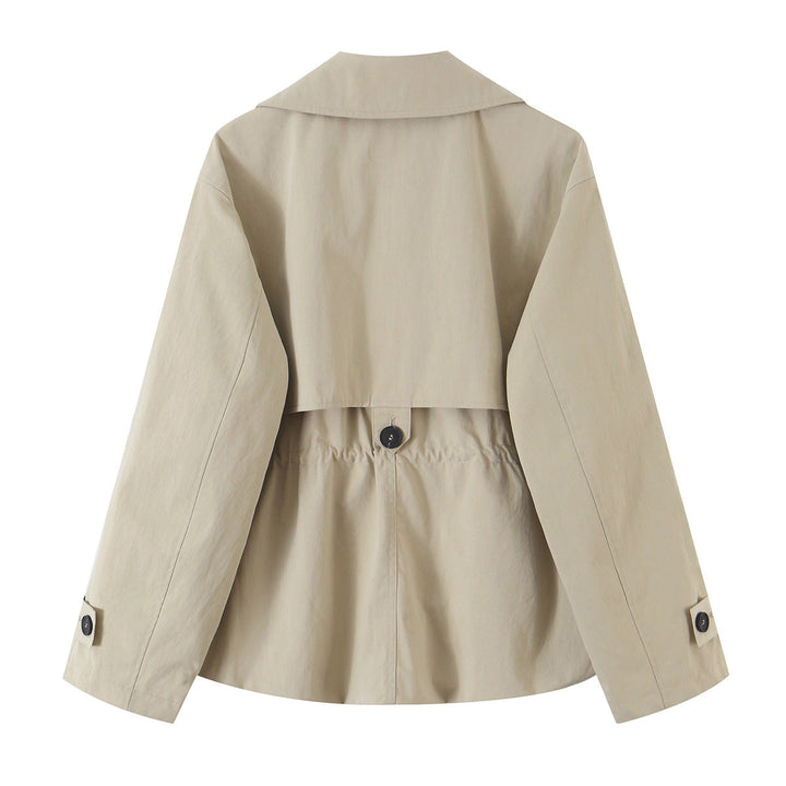 Women's Short Trench Coat Wide Lapel Drawstring Waist Peplum Khaki