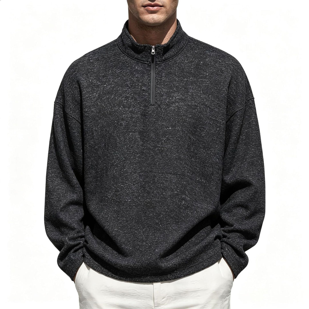 Men's Half-Zip Sweatshirt Stand Collar Mélange Textured Drop-Shoulder Relaxed