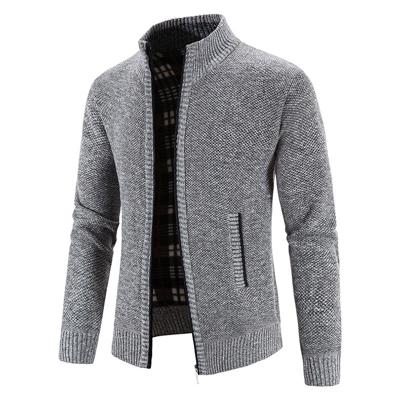 Men's Knit Cardigan Full-Zip Stand Collar Checked-Lined Zip-Pocket Slim