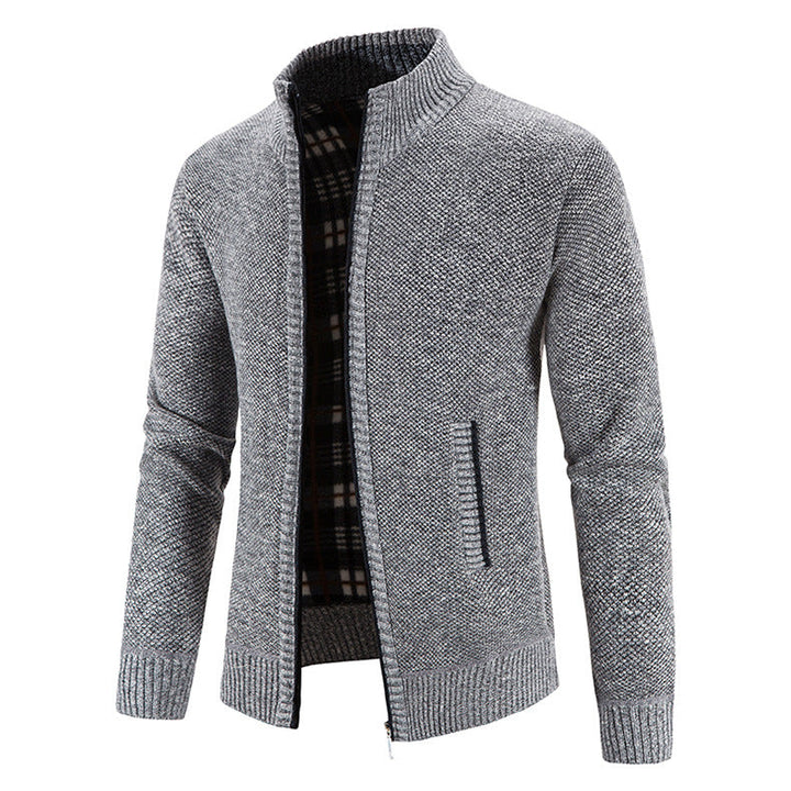 Men's Knit Cardigan Full-Zip Stand Collar Checked-Lined Zip-Pocket Slim