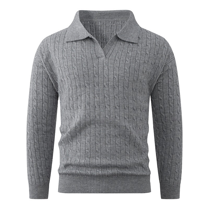 Men's Cable Knit Polo Sweater V-Neck Collared Textured Relaxed