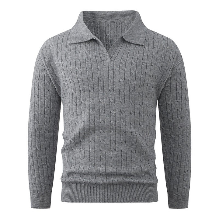 Men's Cable Knit Polo Sweater V-Neck Collared Textured Relaxed