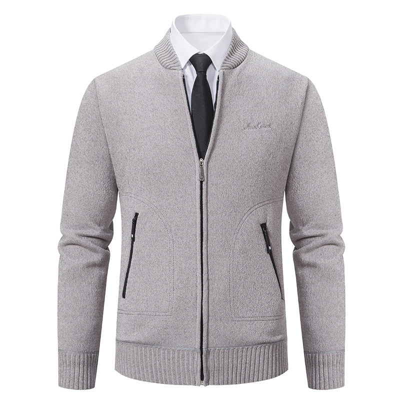 Men's Business Knit Cardigan Stand Collar Full-Zip Zip-Pocket Slim