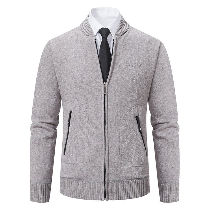 Men's Business Knit Cardigan Stand Collar Full-Zip Zip-Pocket Slim