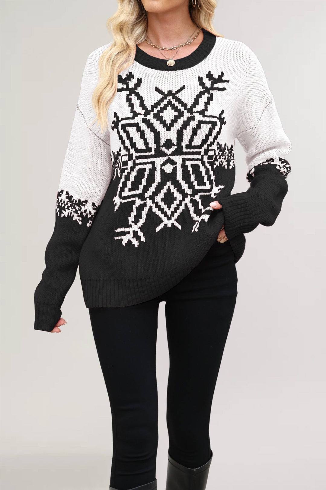 Women's Festive Christmas Sweater Snowflake Colorblock Crewneck Drop-Shoulder Holiday