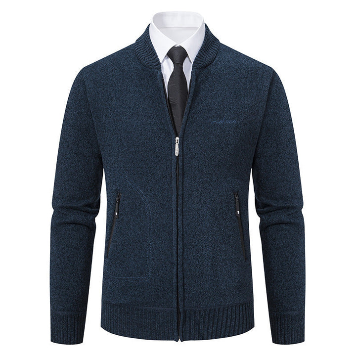 Men's Business Knit Cardigan Stand Collar Full-Zip Zip-Pocket Slim