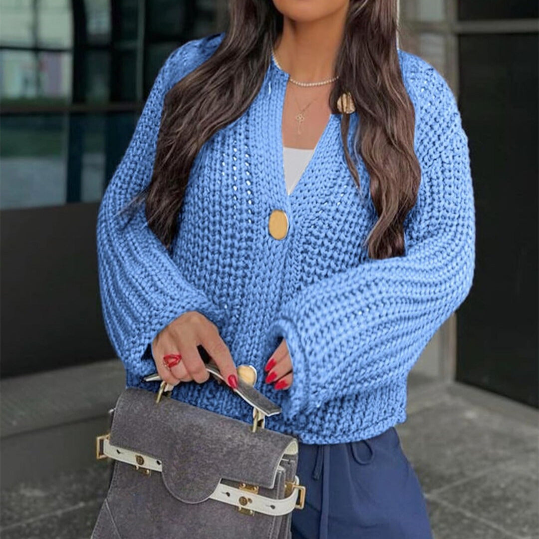Women's Chunky Ribbed Knit Cardigan V-Neck Patch Pockets Statement Buttons