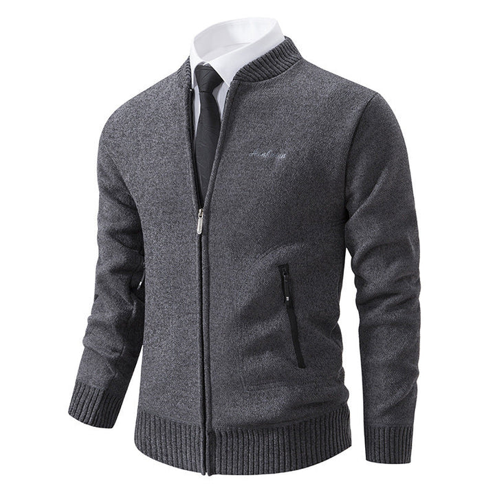 Men's Business Knit Cardigan Stand Collar Full-Zip Zip-Pocket Slim