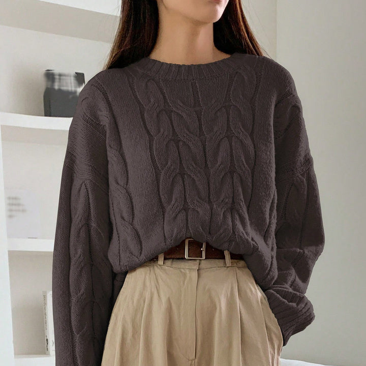 Women's Chunky Cable Knit Sweater Crewneck Drop-Shoulder Loose Relaxed Pullover