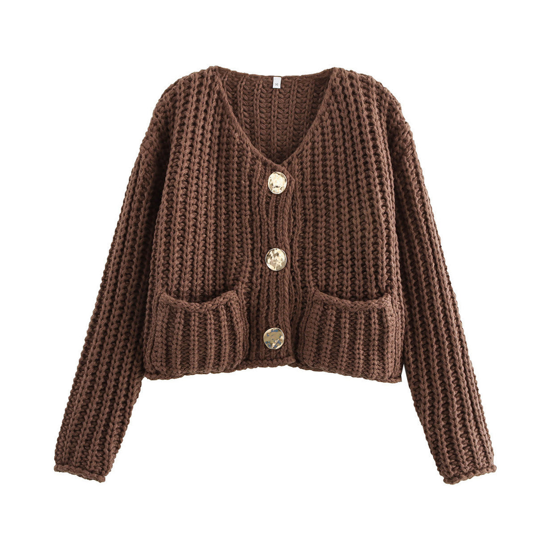 Women's Chunky Ribbed Knit Cardigan V-Neck Patch Pockets Statement Buttons
