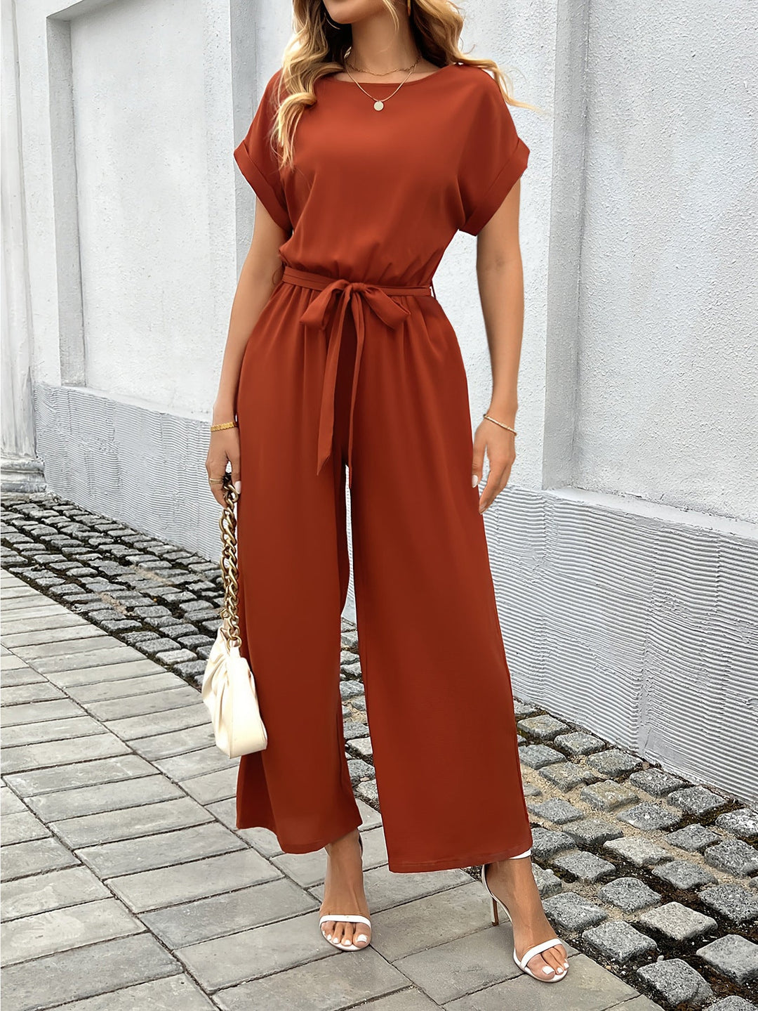 Women's Wide Leg Jumpsuit Short Sleeve Boat Neck Belted Tie-Waist Elegant