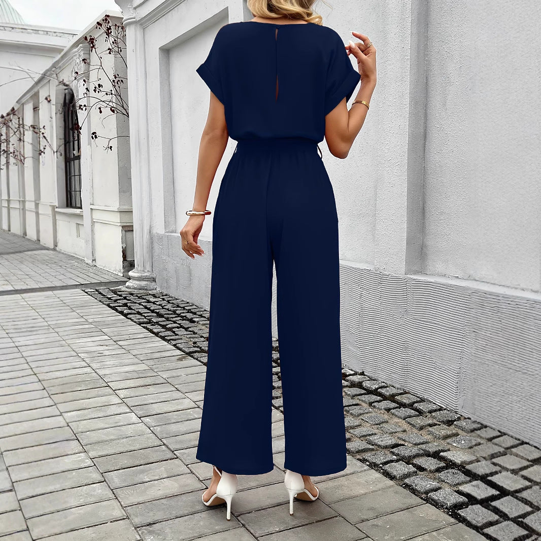 Women's Wide Leg Jumpsuit Short Sleeve Boat Neck Belted Tie-Waist Elegant