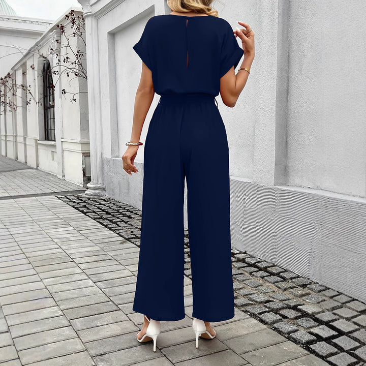 Women's Wide Leg Jumpsuit Short Sleeve Boat Neck Belted Tie-Waist Elegant
