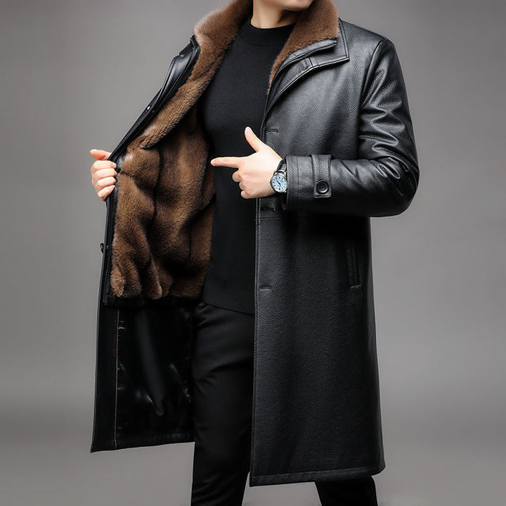 Men's Black Leather Long Coat Removable Fur Collar Thermal-Lined Button Winter Overcoat
