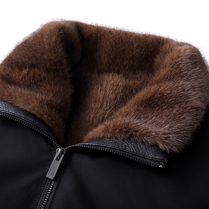 Men's Black Leather Long Coat Removable Fur Collar Thermal-Lined Button Winter Overcoat