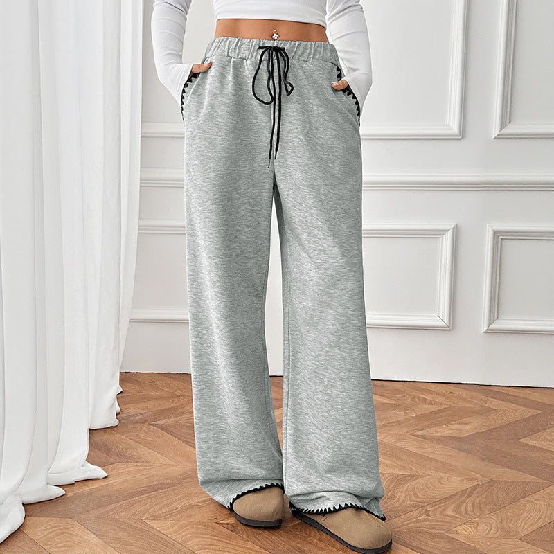 Women's Wide Leg Sweatpants Whipstitch Trim Drawstring High Waist Gray