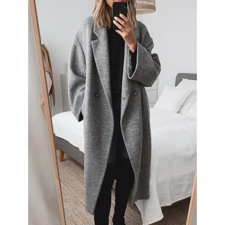 Women's Oversized Double-Breasted Wool-Blend Coat Notch Lapel Longline Winter