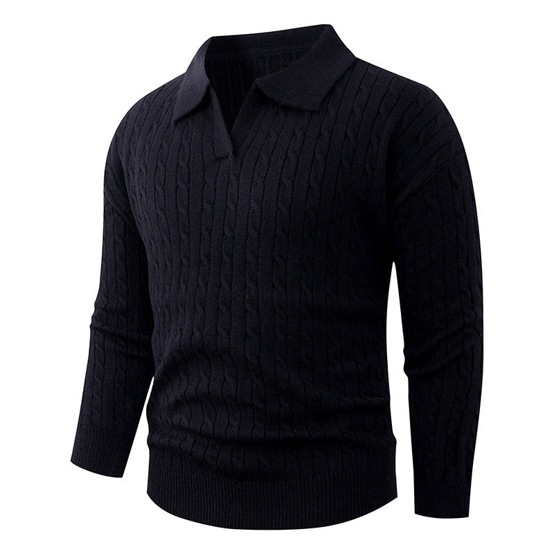Men's Cable Knit Polo Sweater V-Neck Collared Textured Relaxed