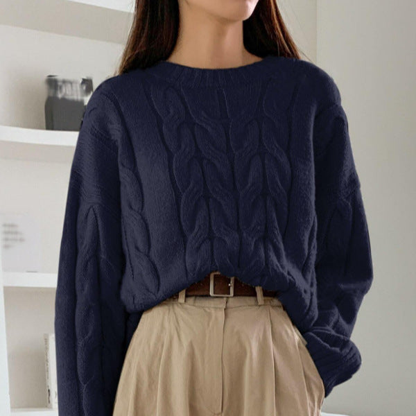 Women's Chunky Cable Knit Sweater Crewneck Drop-Shoulder Loose Relaxed Pullover