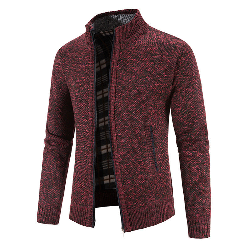 Men's Knit Cardigan Full-Zip Stand Collar Checked-Lined Zip-Pocket Slim