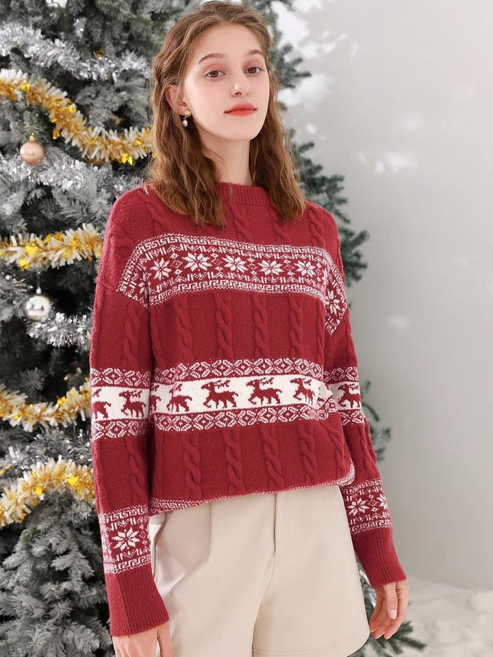 Women's Festive Christmas Sweater Fair Isle Reindeer Crewneck Holiday Red