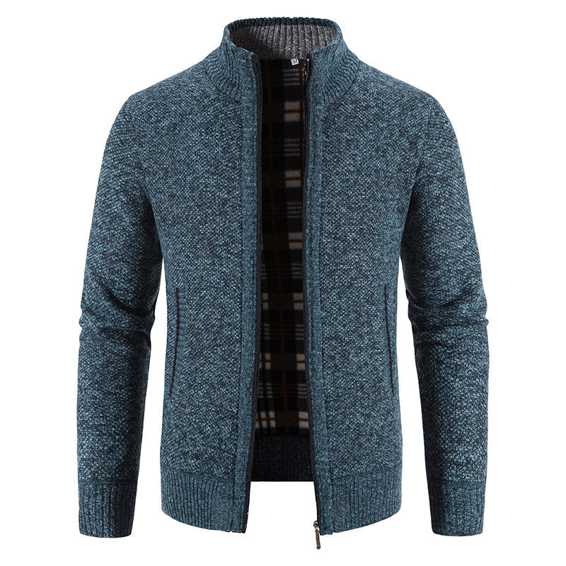 Men's Knit Cardigan Full-Zip Stand Collar Checked-Lined Zip-Pocket Slim