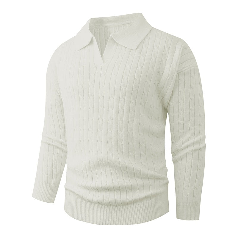 Men's Cable Knit Polo Sweater V-Neck Collared Textured Relaxed
