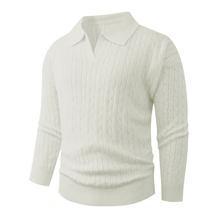 Men's Cable Knit Polo Sweater V-Neck Collared Textured Relaxed
