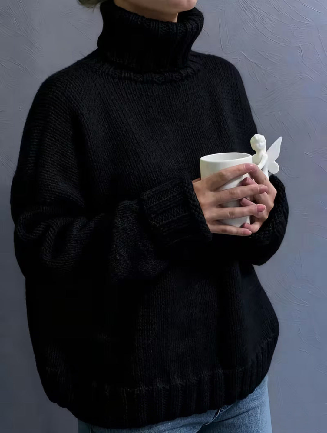 Women's Oversized Turtleneck Sweater Chunky Knit Ribbed-Cuff Drop-Shoulder