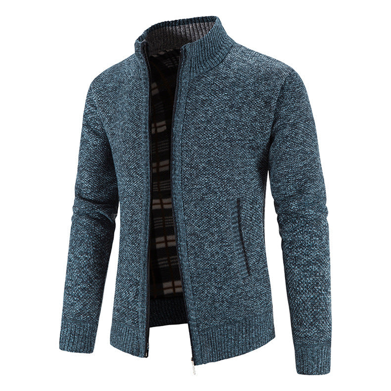 Men's Knit Cardigan Full-Zip Stand Collar Checked-Lined Zip-Pocket Slim
