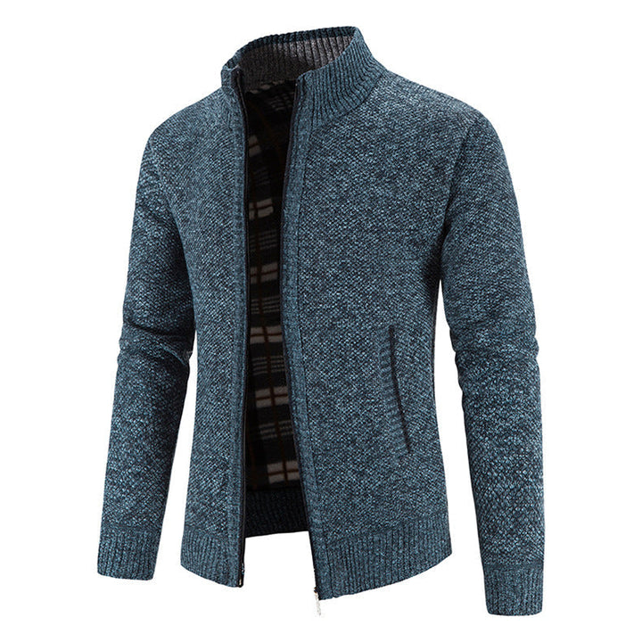 Men's Knit Cardigan Full-Zip Stand Collar Checked-Lined Zip-Pocket Slim