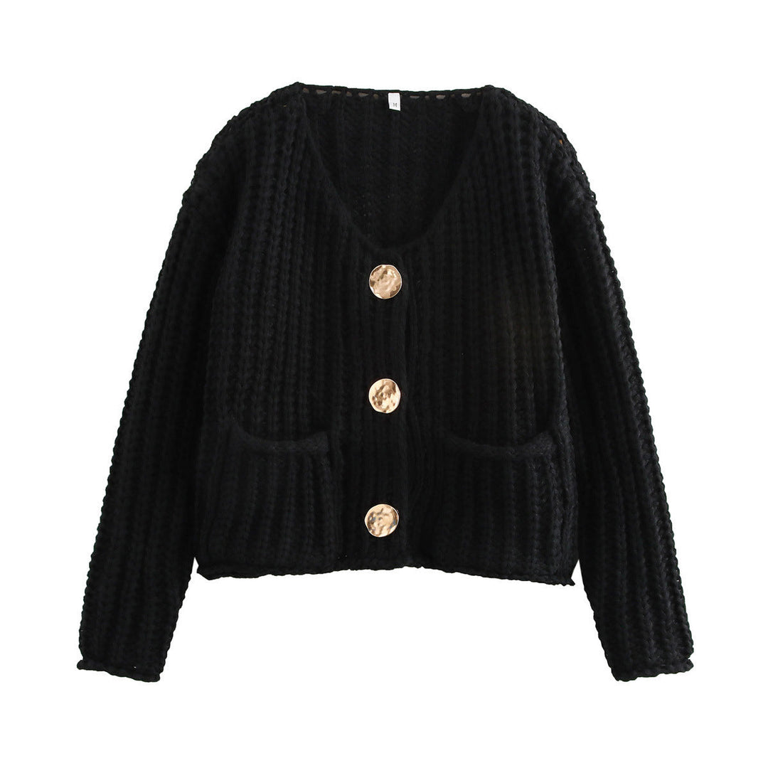 Women's Chunky Ribbed Knit Cardigan V-Neck Patch Pockets Statement Buttons