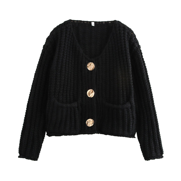 Women's Chunky Ribbed Knit Cardigan V-Neck Patch Pockets Statement Buttons