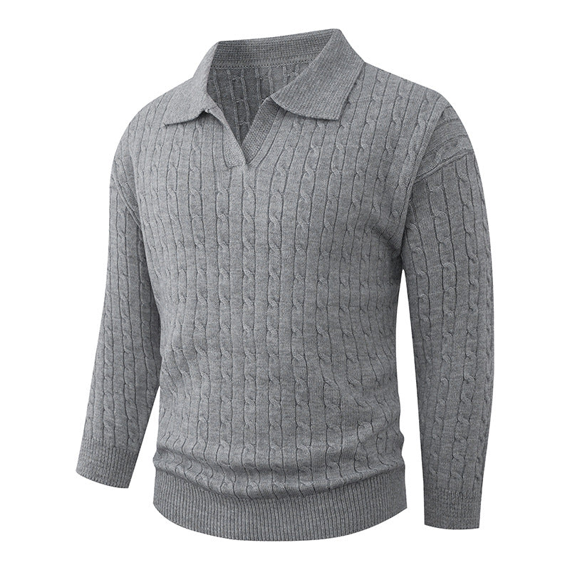 Men's Cable Knit Polo Sweater V-Neck Collared Textured Relaxed