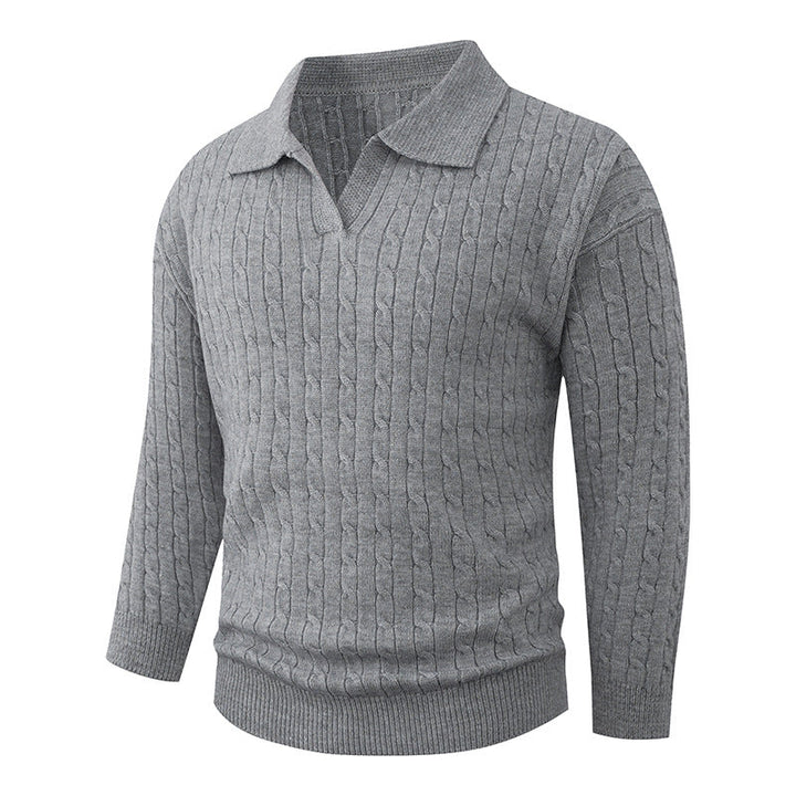 Men's Cable Knit Polo Sweater V-Neck Collared Textured Relaxed