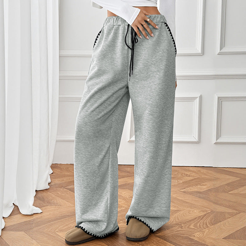 Women's Wide Leg Sweatpants Whipstitch Trim Drawstring High Waist Gray