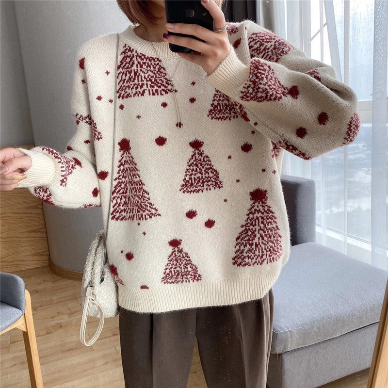 Women's Festive Christmas Sweater Tree Print Crewneck Oversized Holiday