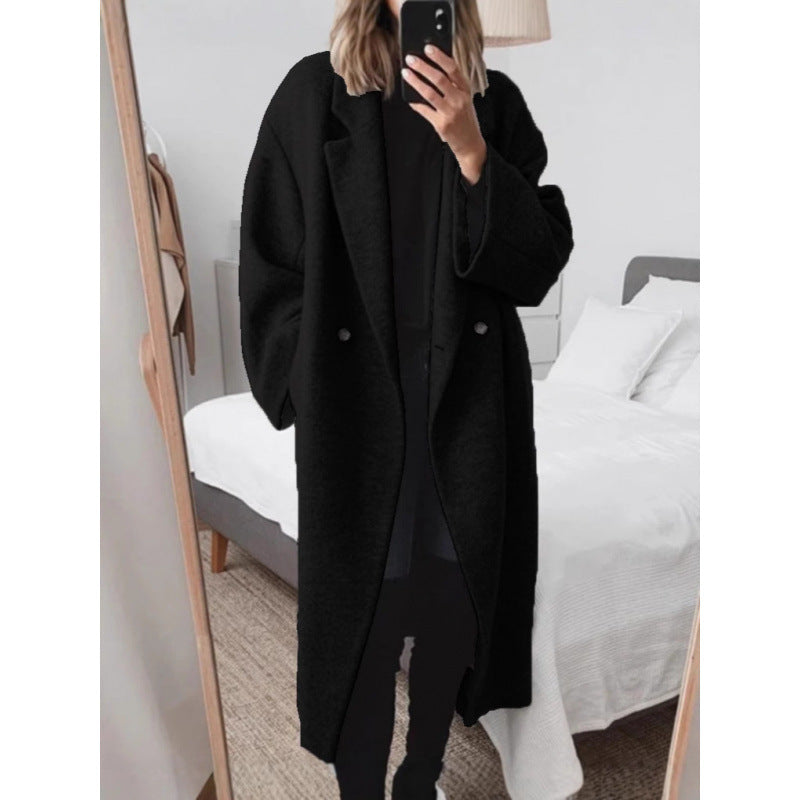 Women's Oversized Double-Breasted Wool-Blend Coat Notch Lapel Longline Winter