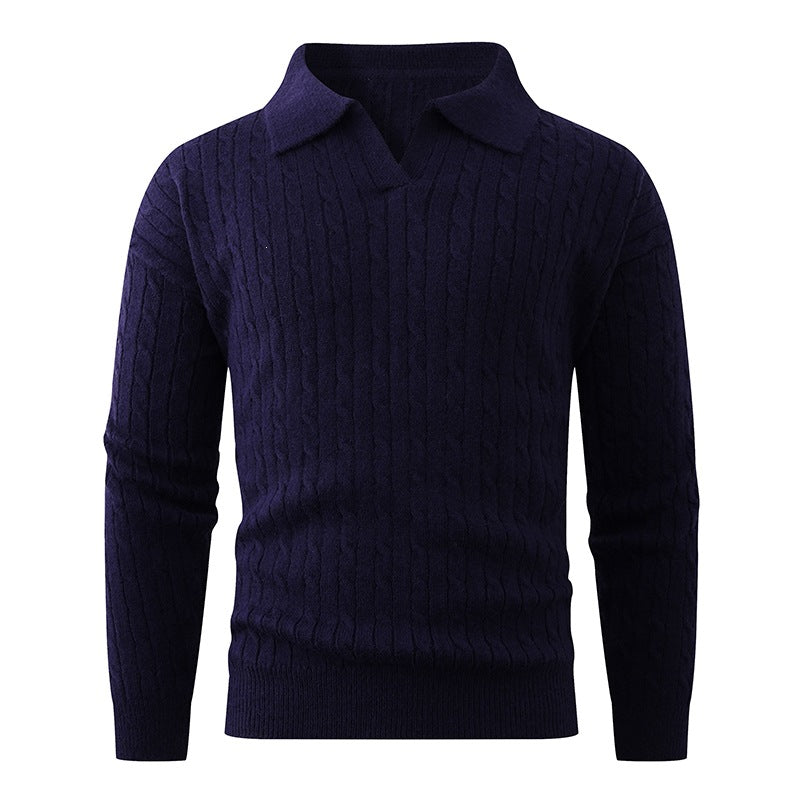 Men's Cable Knit Polo Sweater V-Neck Collared Textured Relaxed