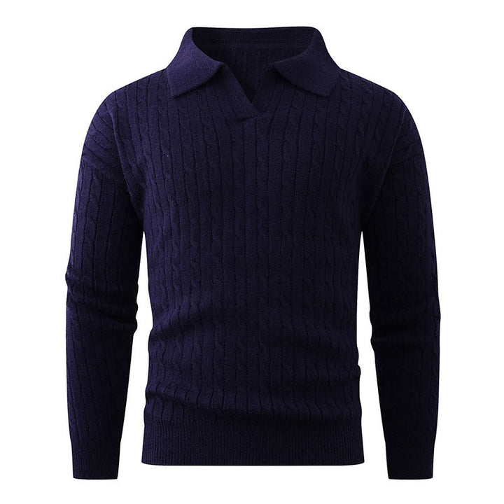 Men's Cable Knit Polo Sweater V-Neck Collared Textured Relaxed