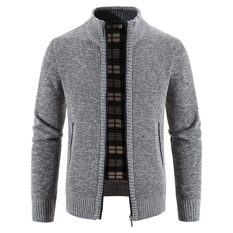 Men's Knit Cardigan Full-Zip Stand Collar Checked-Lined Zip-Pocket Slim